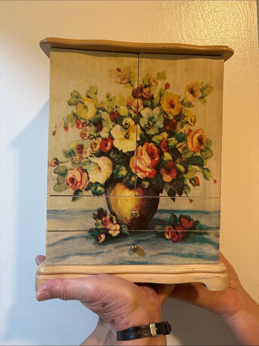Floral Hand-Painted Wooden Jewelry Box - Yellow & Pink Bouquet